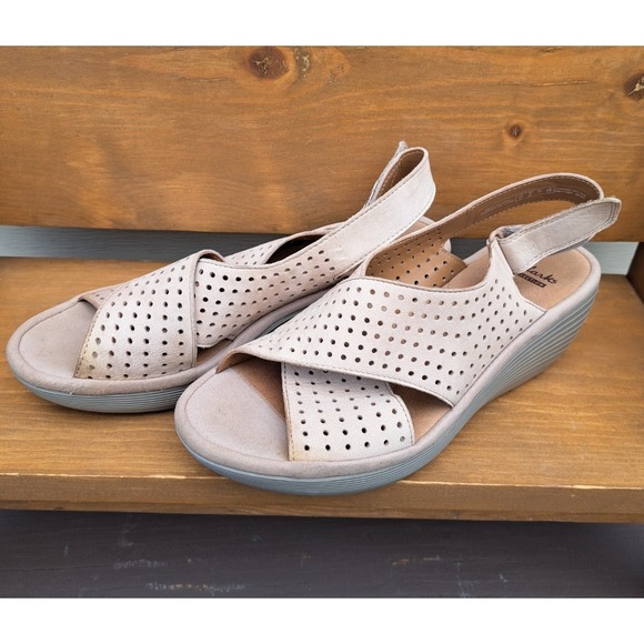 Clarks Shoes - Clarks Women's Pink Wedge Sandals 8.0 Perforated Nubuck Leather Cushion Footbed